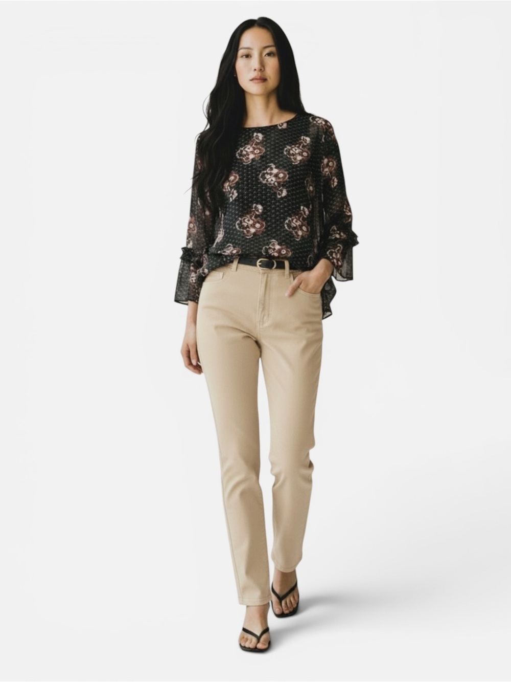 DR2 Black Brown Sheer Blouse Ruffle Sleeve Bohemian Dark Floral Flowy Small